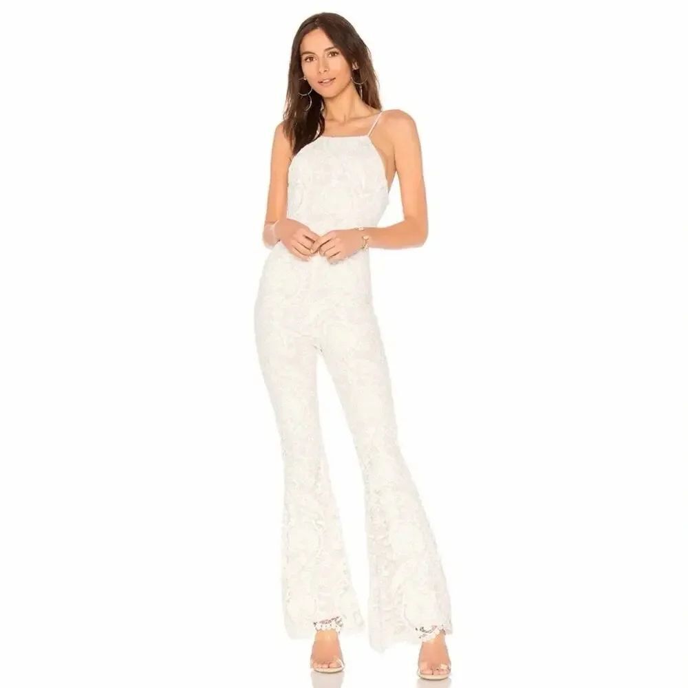 Stone Cold Fox Dylan Lace Jumpsuit Ivory Nude Lined Open Back Size 0 - Picture 5 of 15
